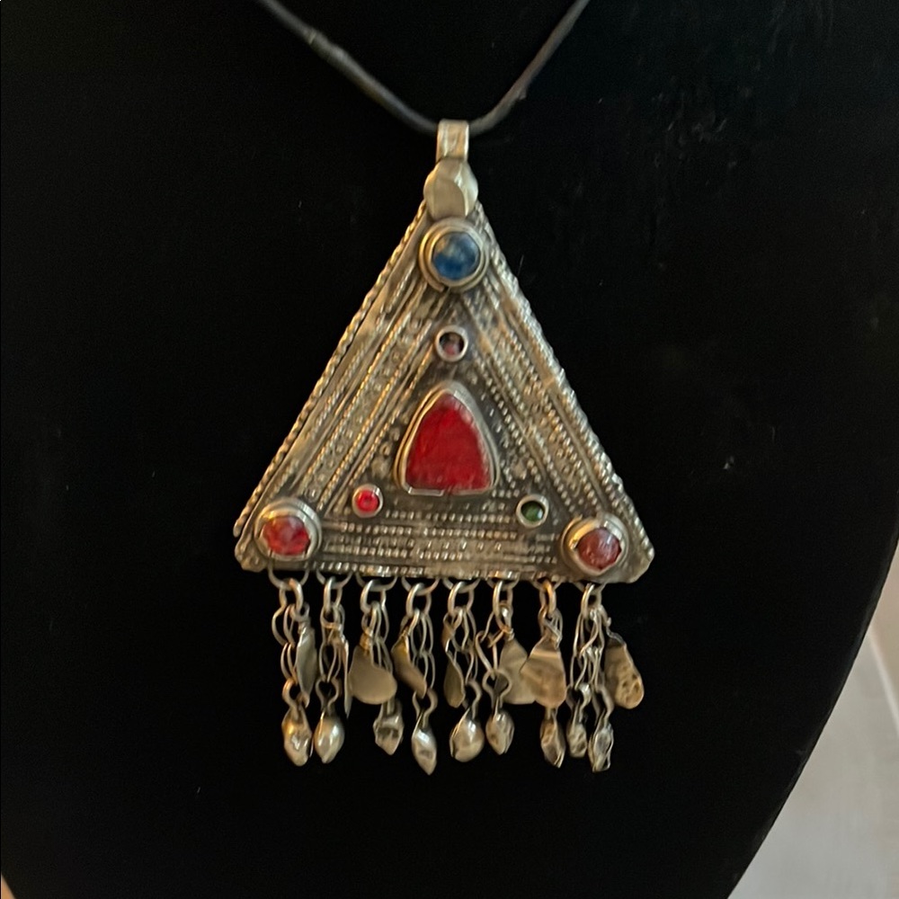 Antique Silver and Red Tribal Necklace with Triangular Pendant